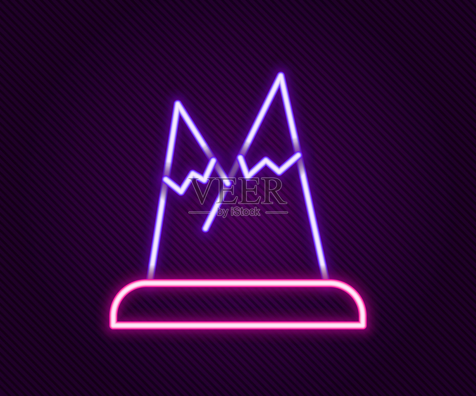 发光的霓虹线山图标孤立的黑色背景。象征胜利或成功的概念。色彩缤纷的轮廓概念。向量插画图片素材