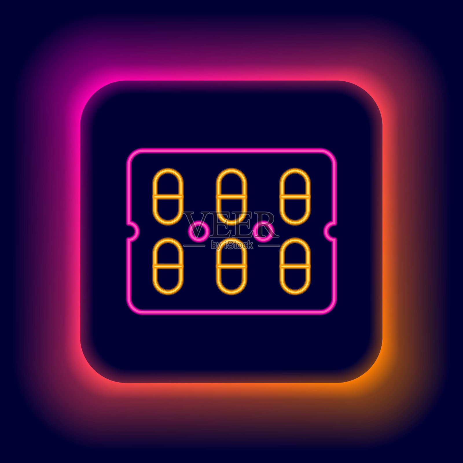 发光的霓虹灯线药丸在吸塑包装图标孤立的黑色背景。医药药品包装片剂、维生素、抗生素、阿司匹林。色彩缤纷的轮廓概念。向量插画图片素材