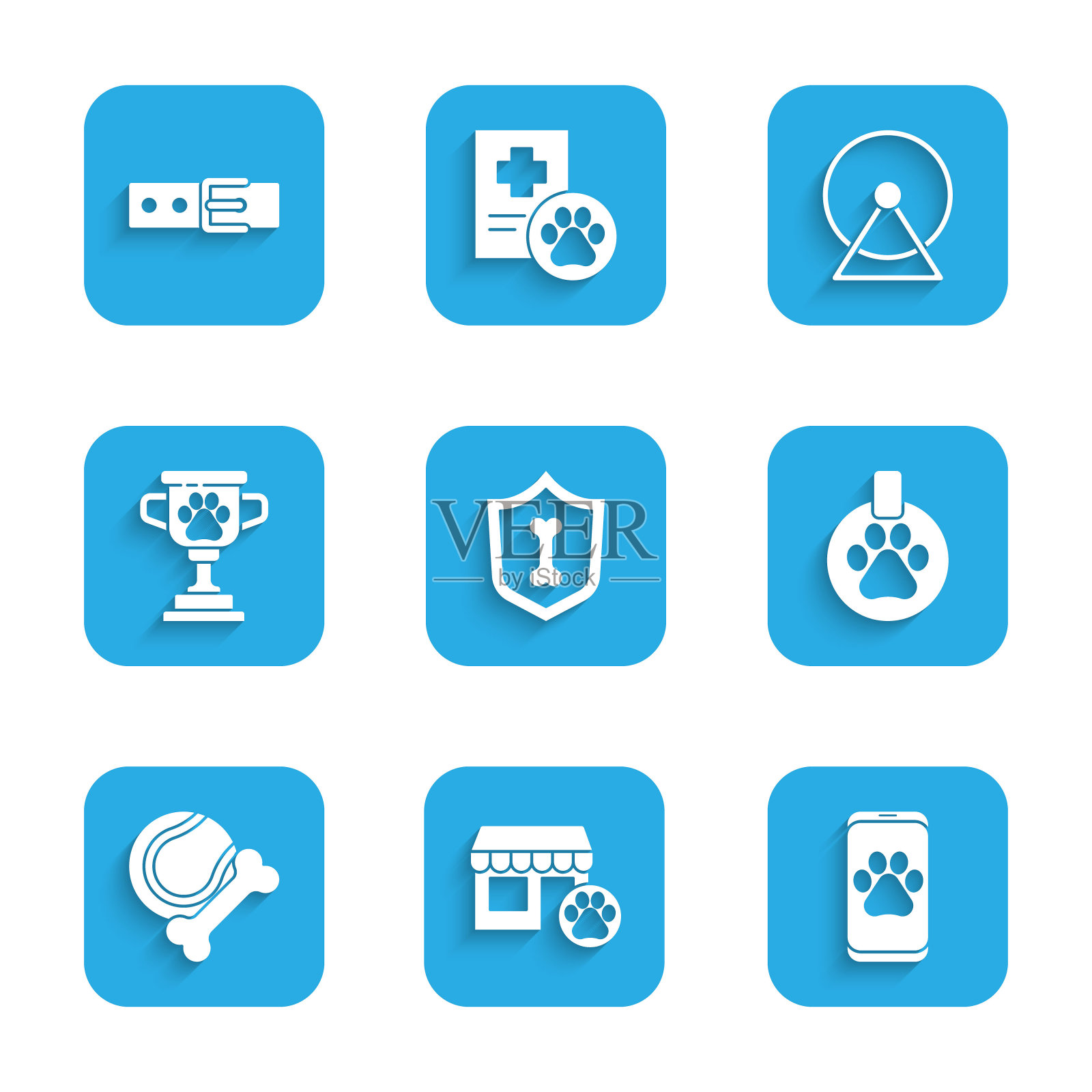 集动物健康保险，兽医医院，诊所，项圈与名牌，宠物玩具骨橡胶和球，奖，仓鼠轮和图标。向量插画图片素材