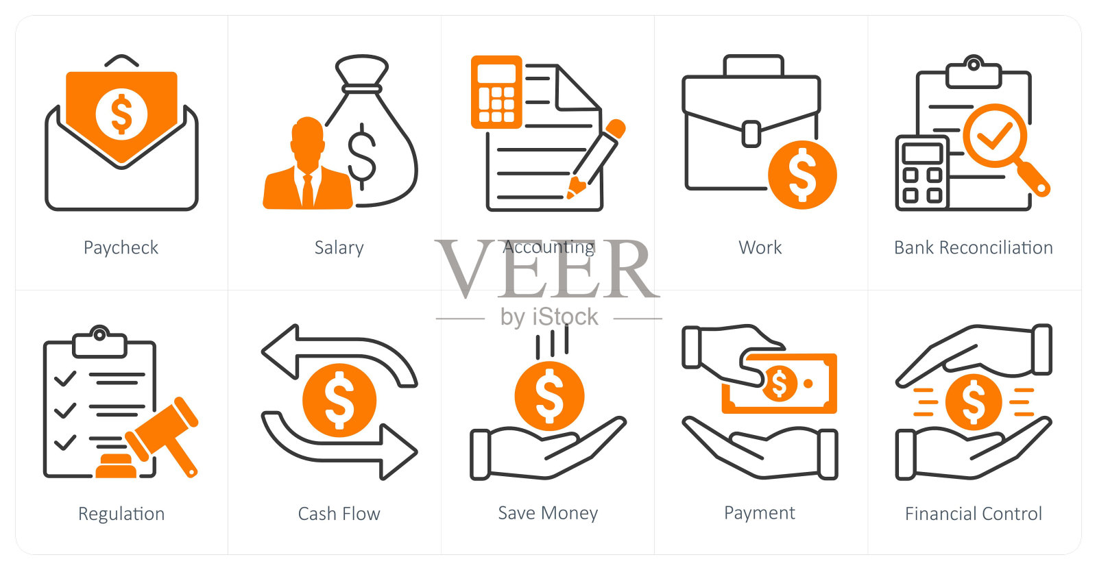 一组10个会计图标作为工资支票，工资，会计插画图片素材