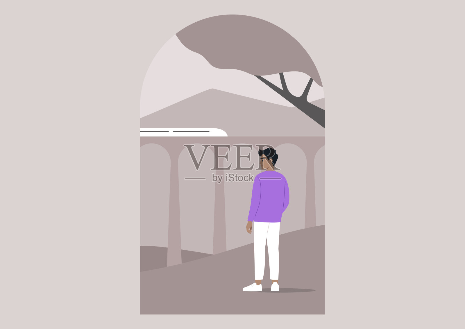 一个孤独的身影站在高架桥下，凝视着远处的城市风光。夕阳的柔光在画面上投下长长的阴影插画图片素材