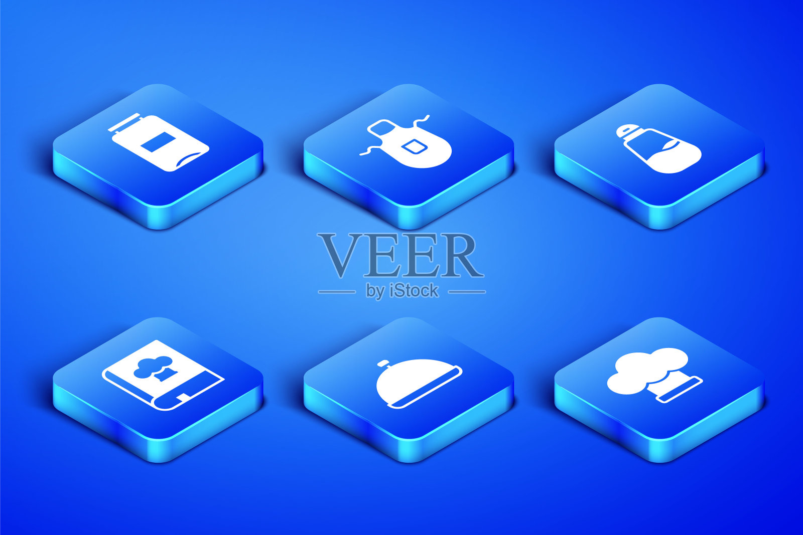 集厨师帽，果酱罐，覆盖着托盘的食物，食谱，厨房围裙和盐图标。向量插画图片素材