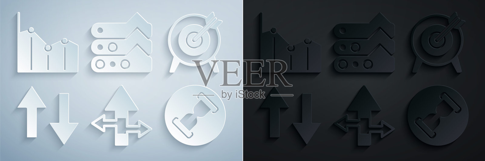 箭头、靶心、沙漏、图表和饼图信息图图标矢量素材插画图片素材