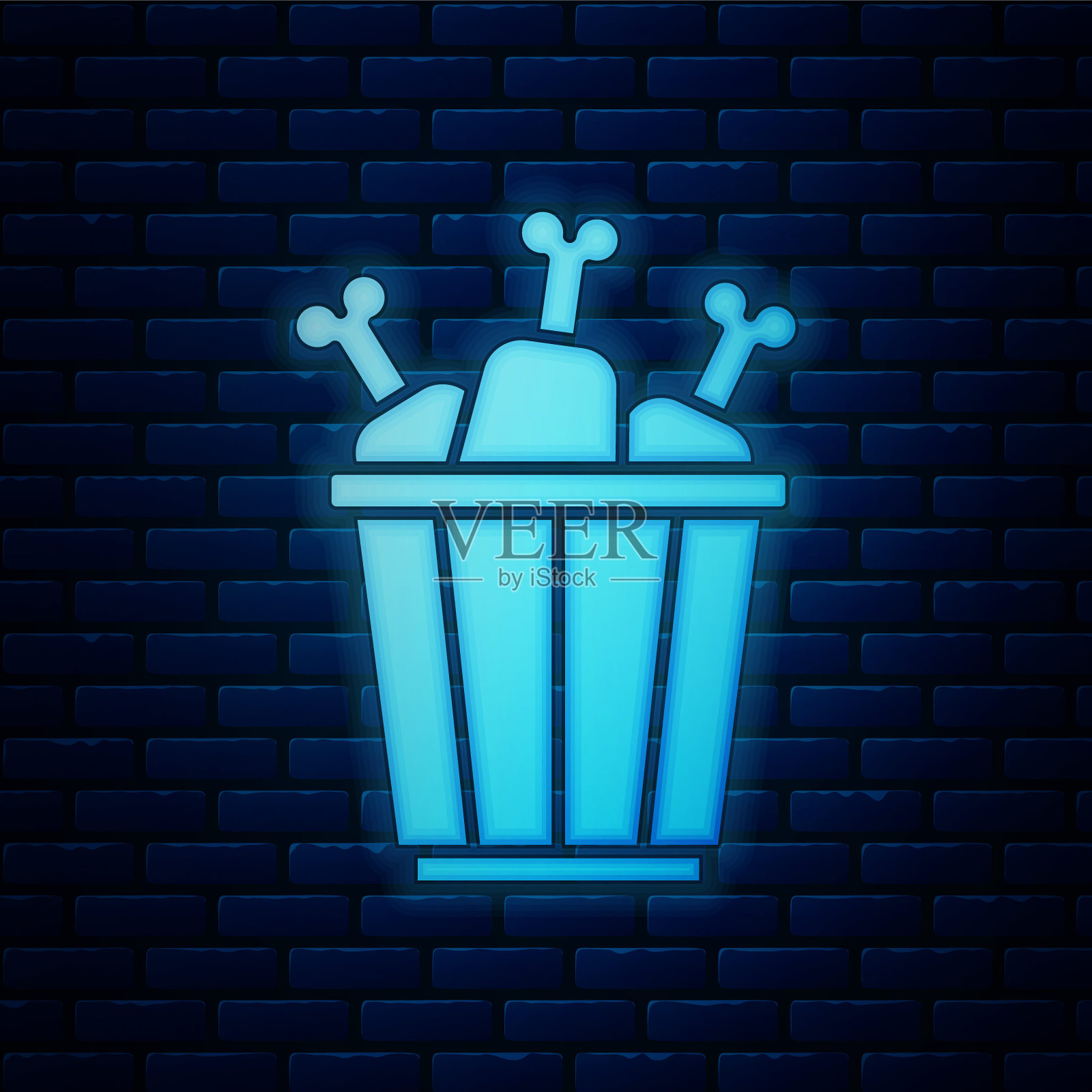 发光的霓虹灯鸡腿在包装盒图标孤立的砖墙背景。鸡腿。向量插画图片素材