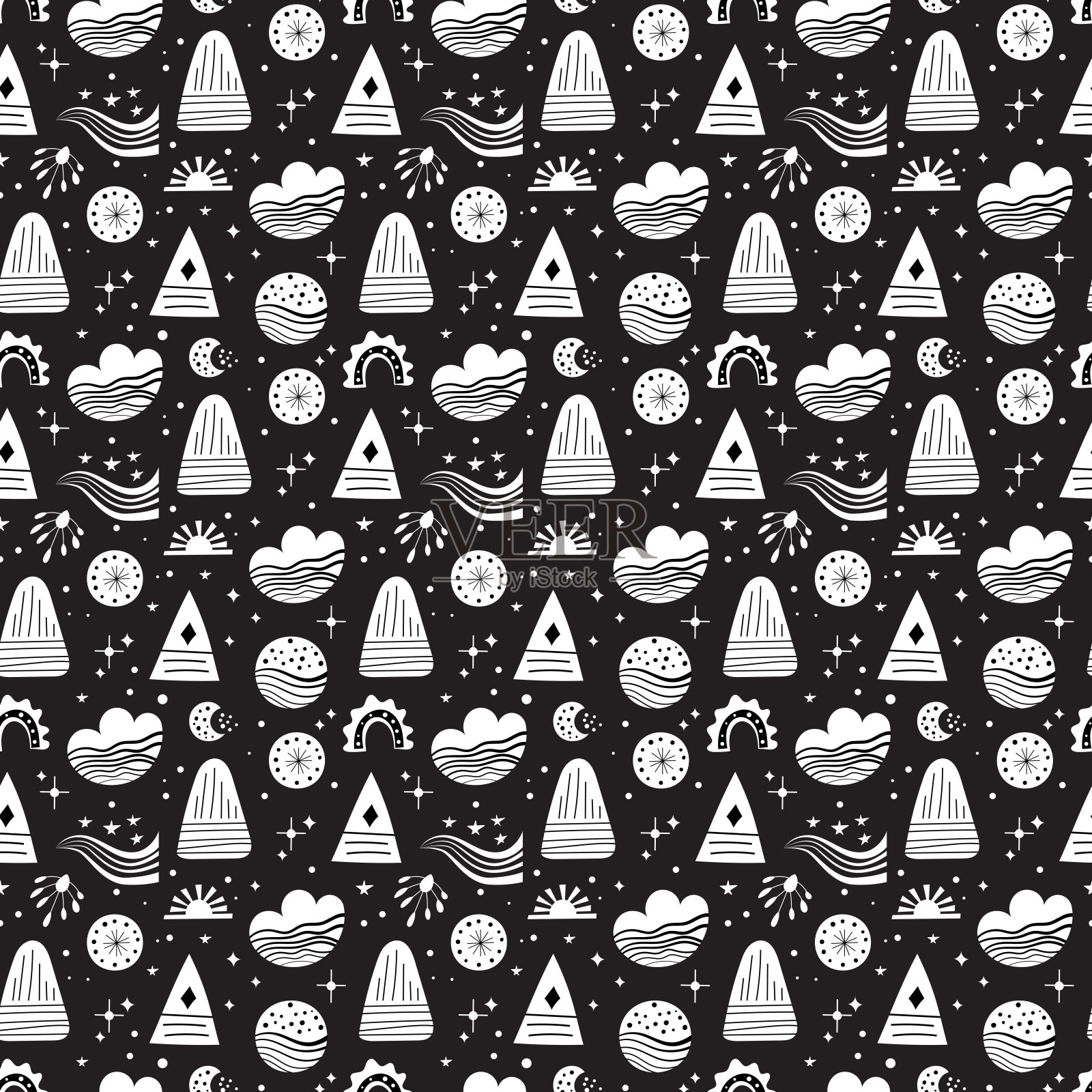 无缝的新民间艺术矢量图案与山，月亮和花朵，黑色和白色的花卉设计。新民间风格无穷无尽的背景，完美的纺织品设计。插画图片素材