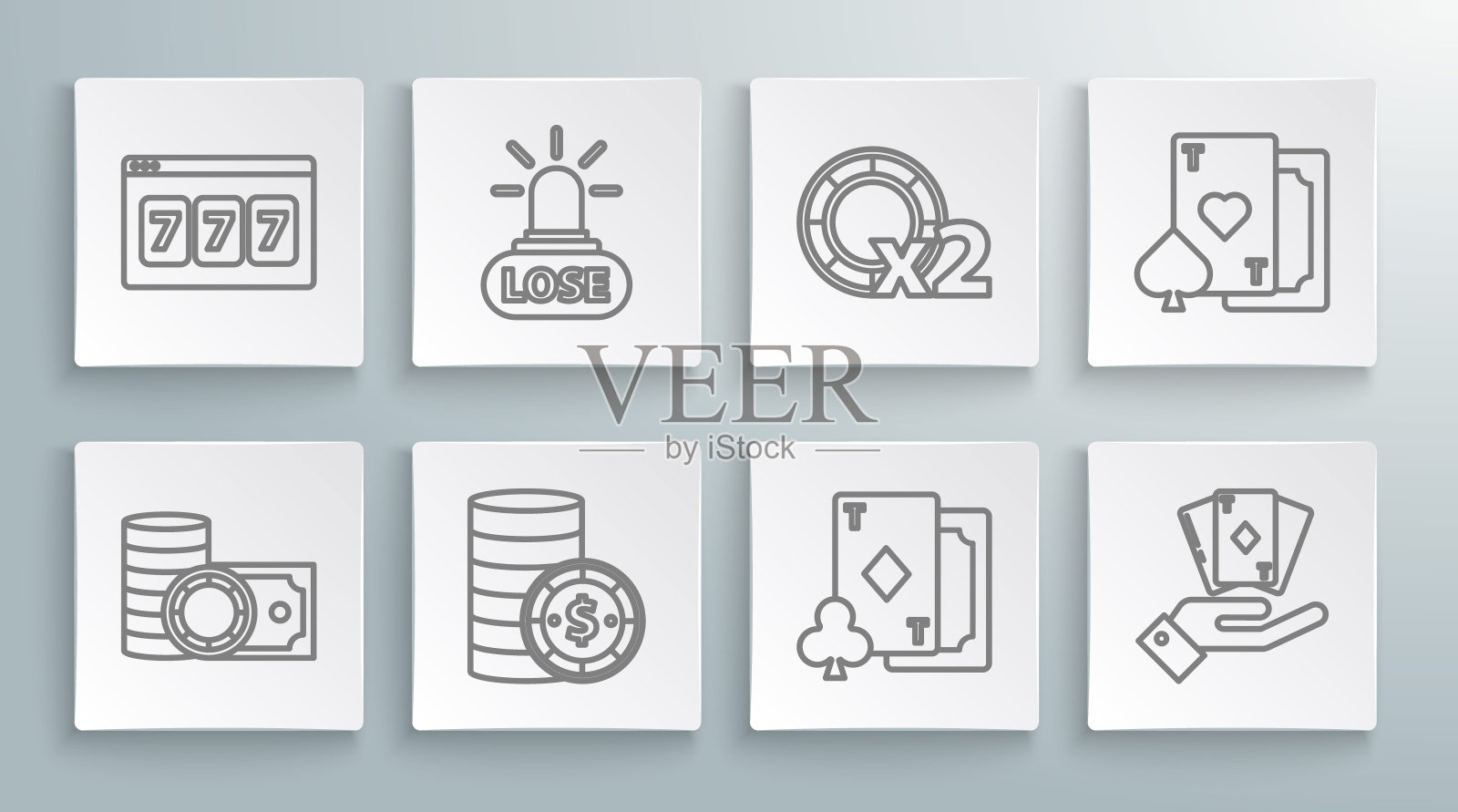 设行赌场筹码和现金堆栈钱，输了，与美元，打牌钻石，手握甲板打牌，心和在线老虎机幸运七头奖的图标。向量插画图片素材