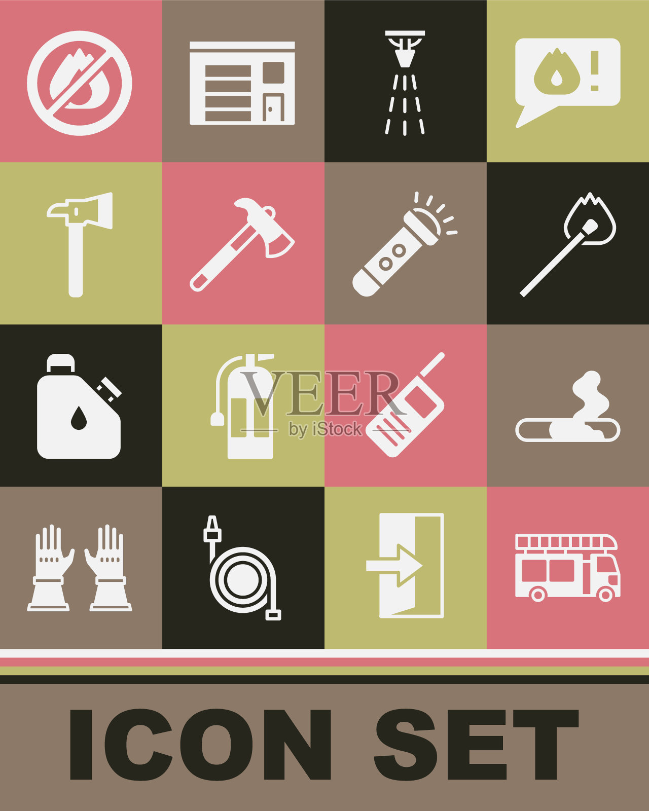 集消防车，香烟，燃烧火柴与火，洒水器，消防员斧头，没有和手电筒图标。向量插画图片素材