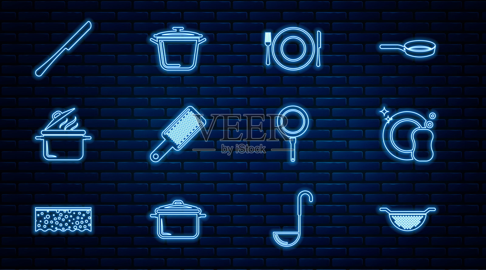 设置线厨房滤锅，洗碗，盘子，叉刀，磨碎器，烹饪锅，刀，煎锅和图标。向量插画图片素材