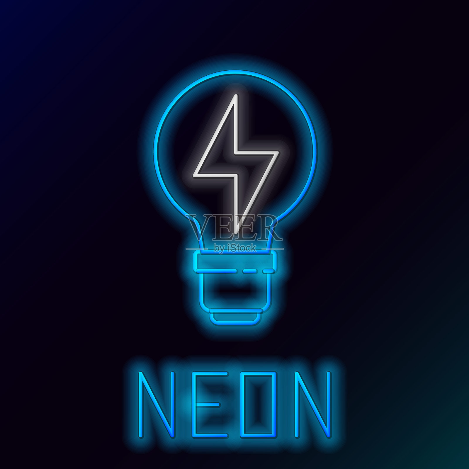 发光的霓虹线灯泡与闪电符号图标孤立的黑色背景。灯光标志。思想的象征。色彩缤纷的轮廓概念。向量插画图片素材