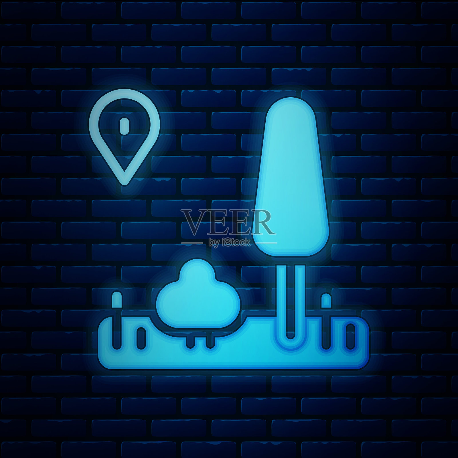 发光的霓虹灯信息图的城市地图导航图标孤立的砖墙背景。手机App界面概念设计。Geolacation概念。向量插画图片素材