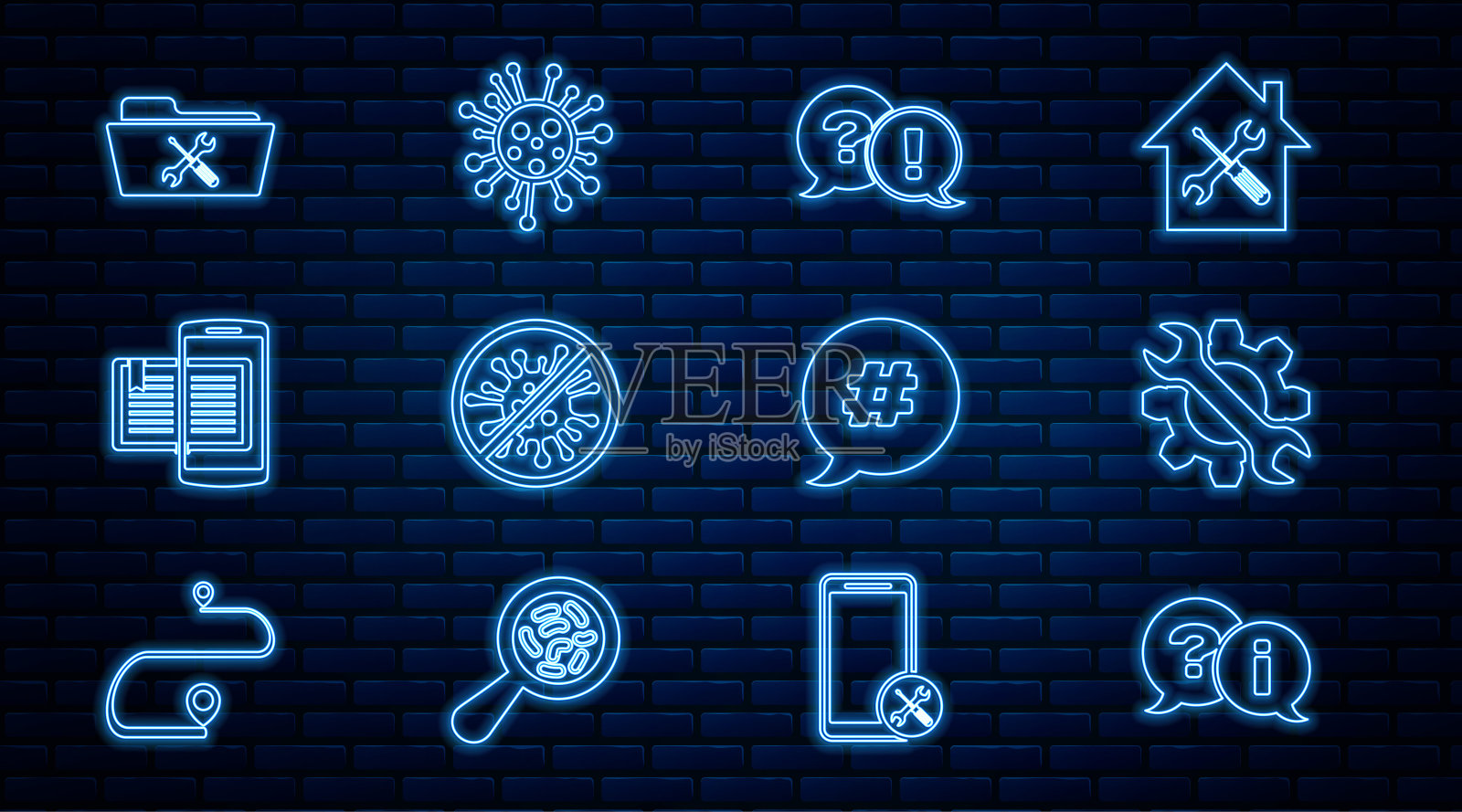 设置线问题和感叹号，扳手齿轮，停止病毒，细菌，智能手机图书，文件夹服务，Hashtag语音气泡和细菌图标。向量插画图片素材