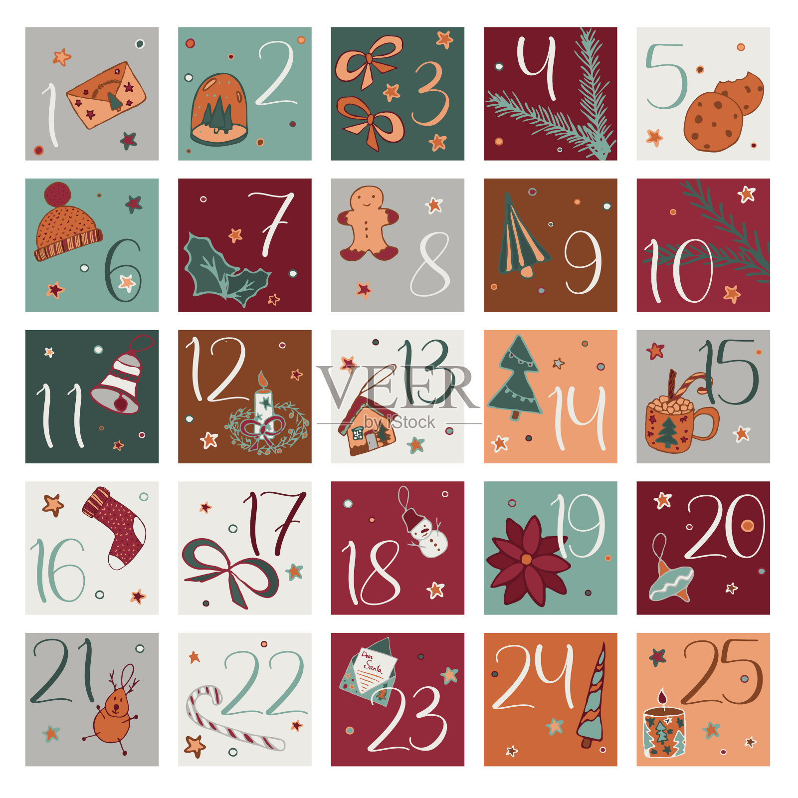 方形圣诞降临日历贴纸准备打印。倒计时装饰礼盒标签插画图片素材