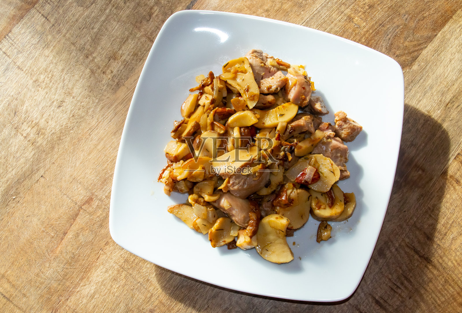 白盘子里的牛肝菌和洋葱炒火鸡。照片摄影图片
