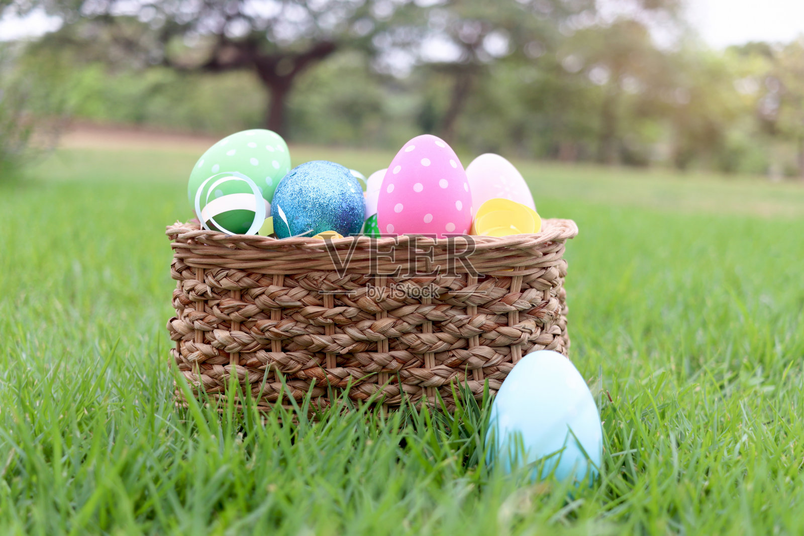 五颜六色的复活节彩蛋篮子在绿色的草地自然花园在野生草地后院。祝大家复活节快乐。春节佳节快乐。照片摄影图片