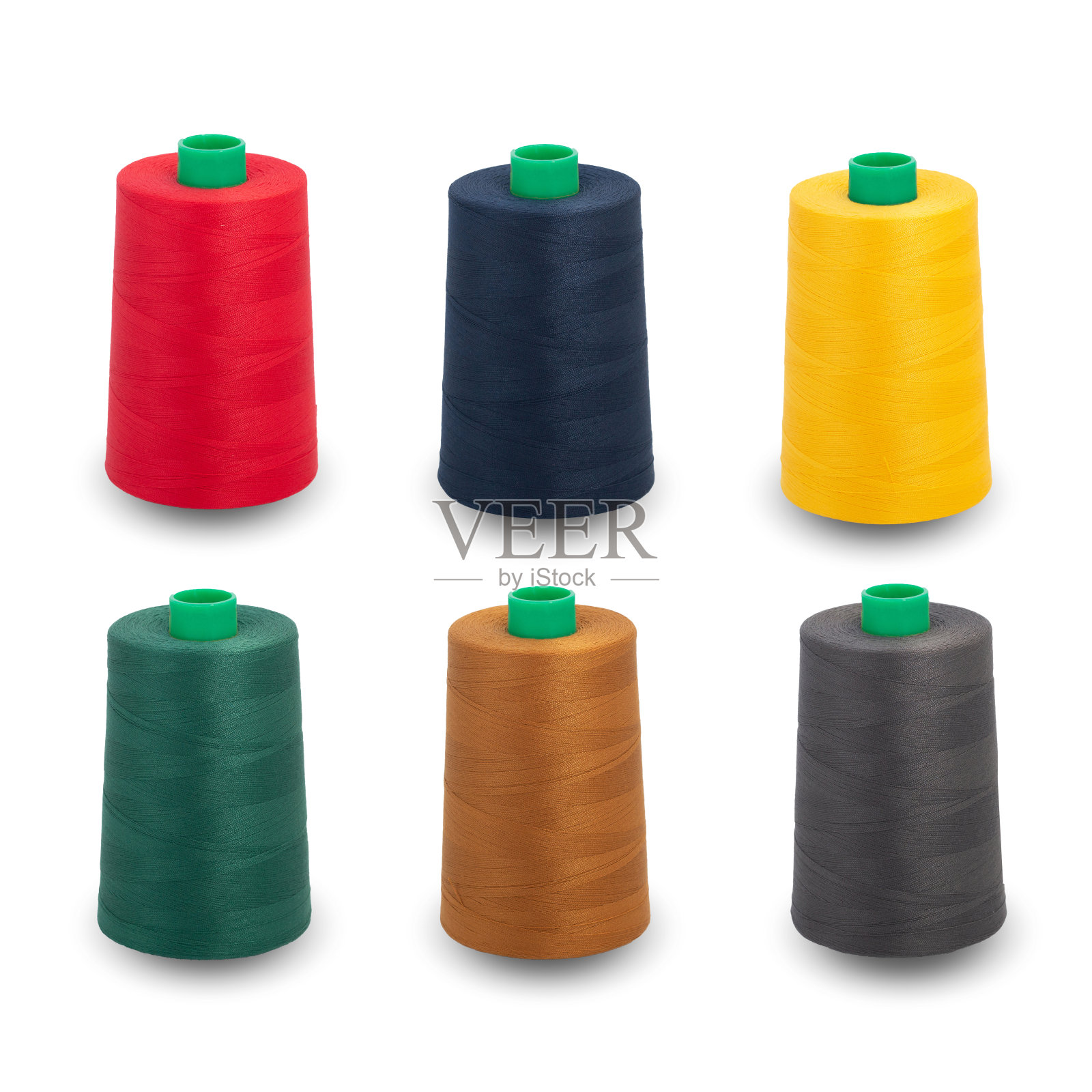 线轴线收集。各种颜色的螺纹隔离。橡胶线绿色塑料线轴。裁剪线程的集合。照片摄影图片