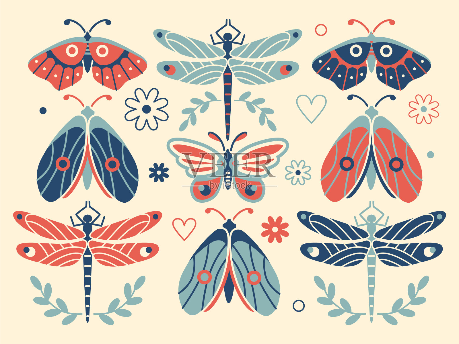 复古春季系列。被隔离的飞蛾，蜻蜓，蝴蝶。神秘的图形插画图片素材