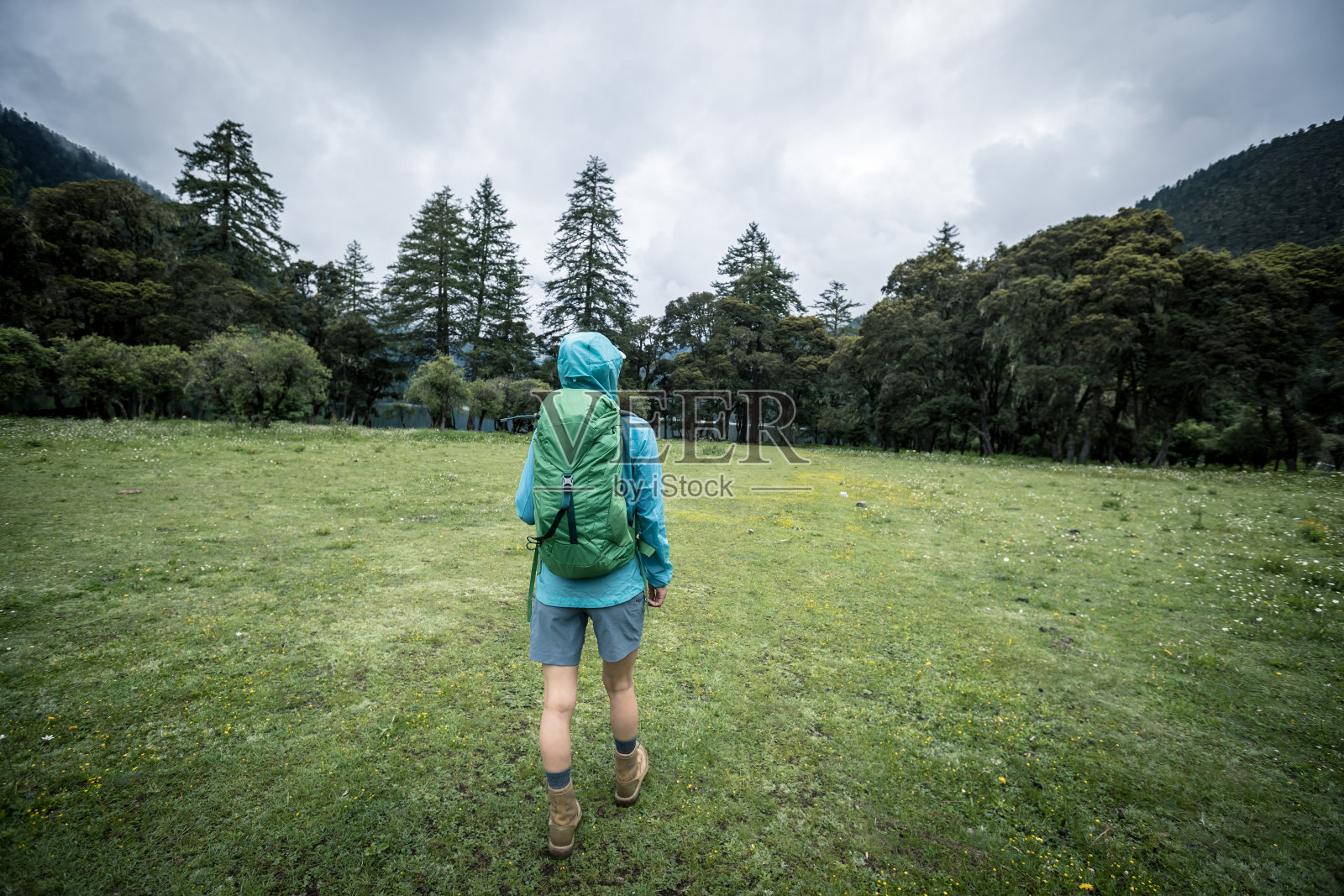 女徒步旅行者在森林里徒步旅行照片摄影图片