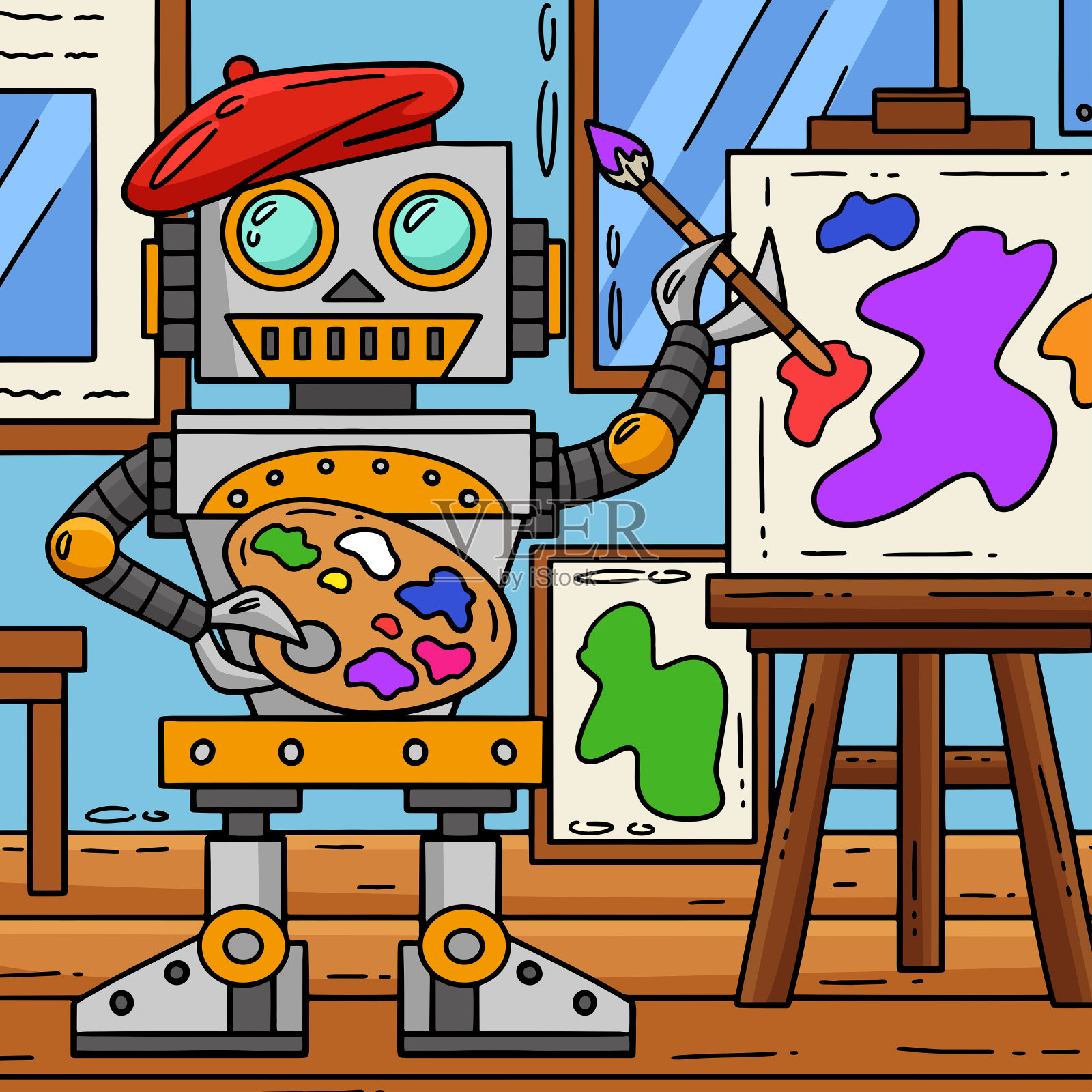 机器人画家彩色卡通插图插画图片素材