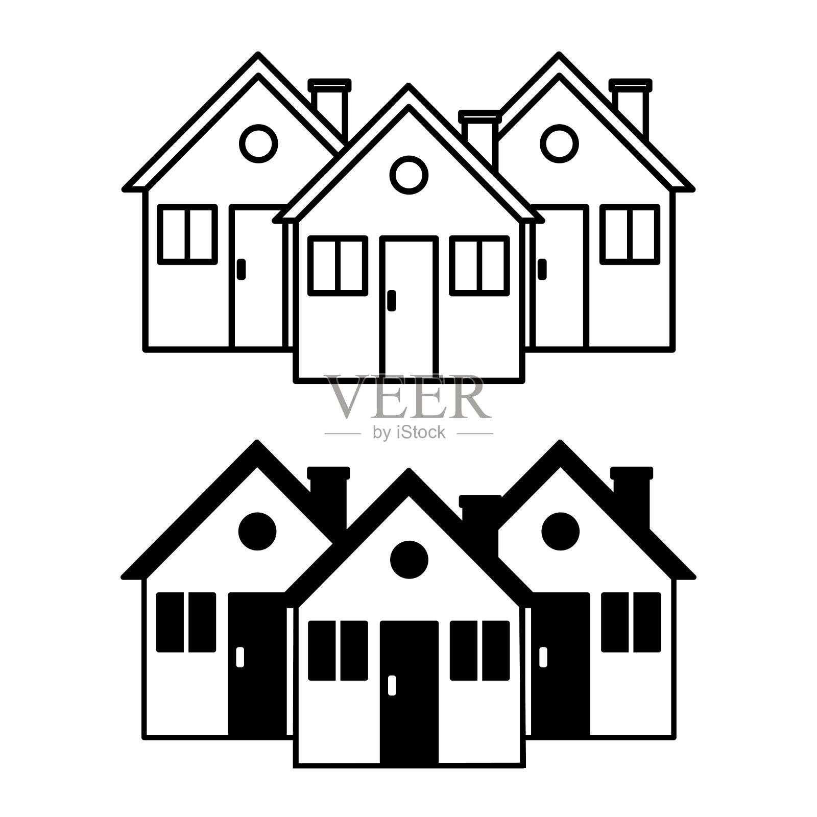 村图标。私人住宅建筑的黑白矢量图标。房地产，抵押贷款。住宅建筑插画图片素材