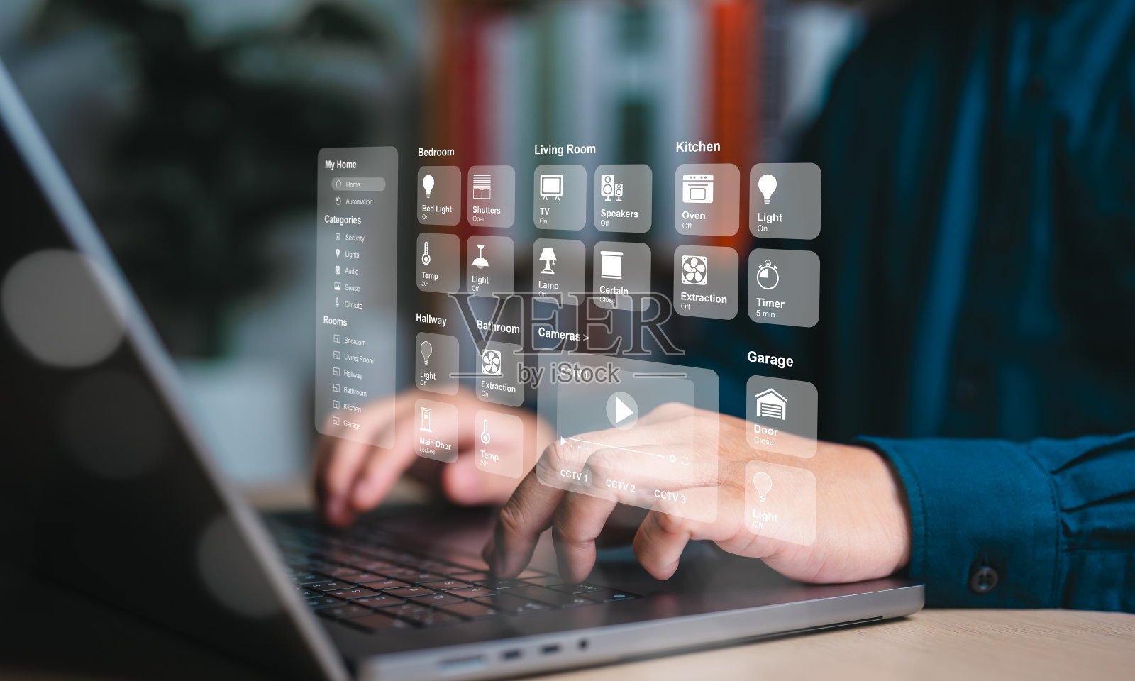 轻松家庭自动化，用笔记本电脑控制电器。通过智能仪表板连接物联网设备，实现无缝自动化。精简房屋助理技术管理。照片摄影图片