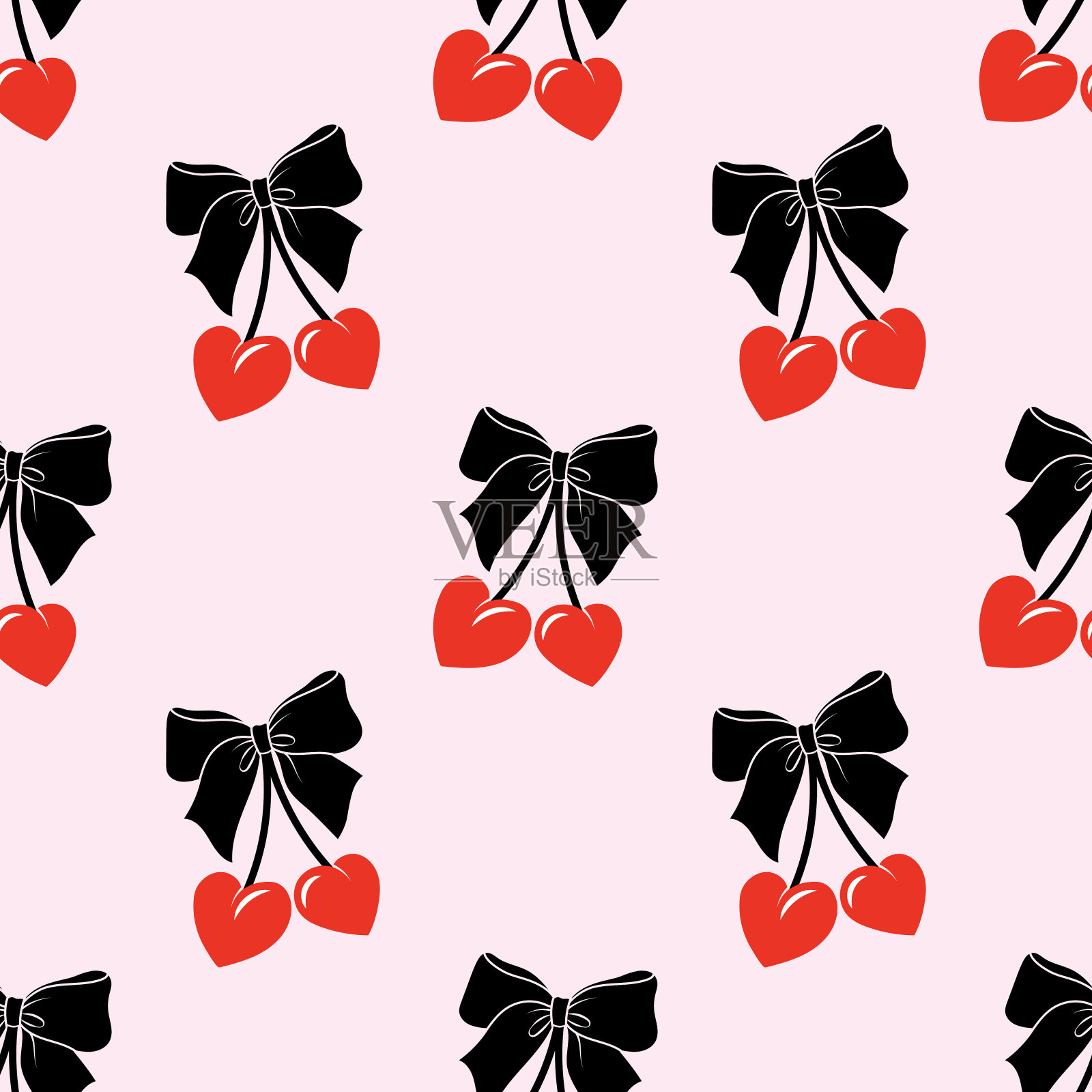 无缝樱桃图案与蝴蝶结在卡通风格。可爱的时尚设计。向量时髦的插图。芭蕾核心，风骚核心背景。插画图片素材