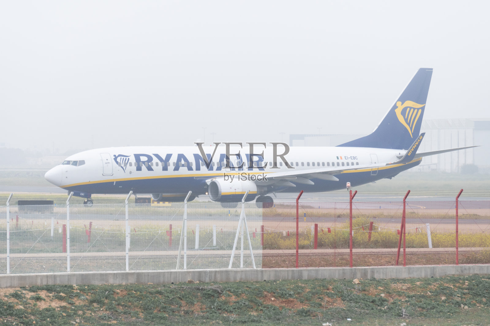 瑞安航空的波音737-800商用飞机在有雾的寒冷冬日停在机场跑道上。照片摄影图片