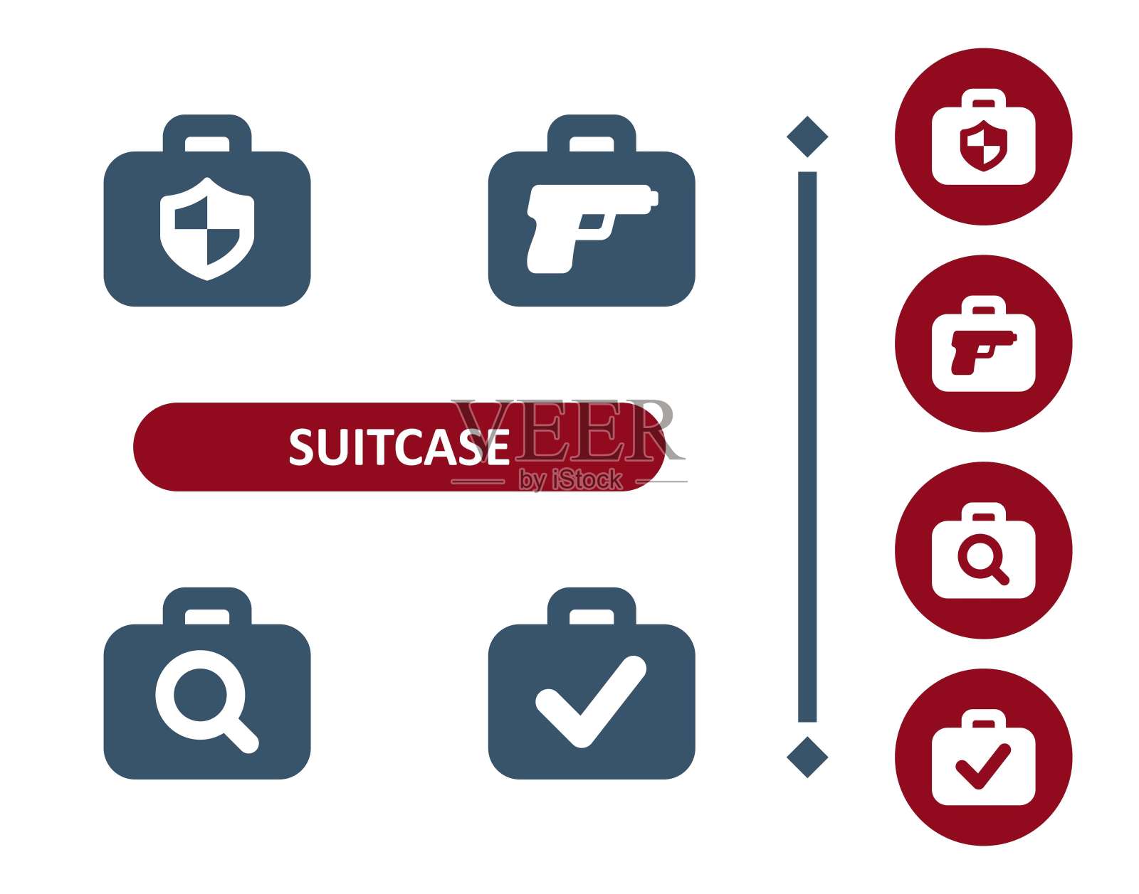 手提箱图标。采购产品公文包，行李，行李，安全，盾牌，枪，武器，搜索，放大镜，复选标记图标插画图片素材