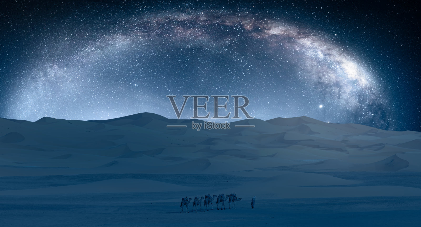 骆驼商队在沙漠与银河系-撒哈拉沙漠，摩洛哥照片摄影图片