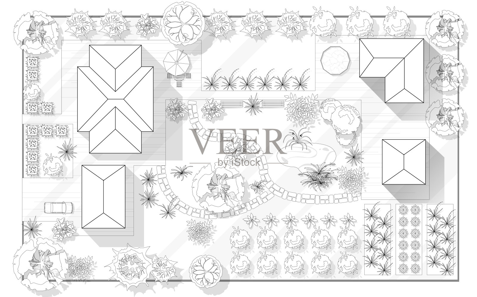 景观设计方案与房屋，庭院，草坪和车库顶景。非常详细的规划与现代小屋，花园，池塘，游泳池的国家。矢量插图的城市景观，地图的城镇，村庄插画图片素材