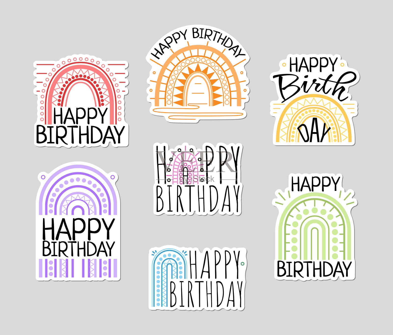 一套带有标志和彩色彩虹的生日快乐贴纸插画图片素材