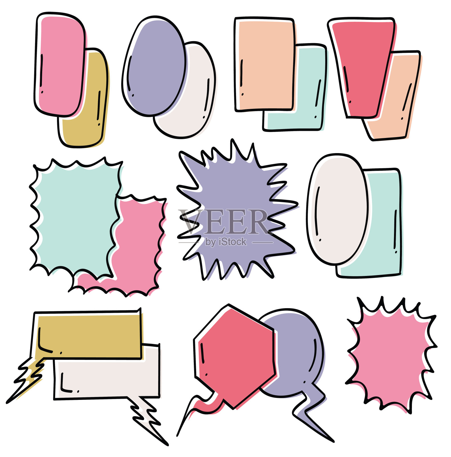 手绘彩色语音气泡矢量插图-漫画风格的对话气球插画图片素材