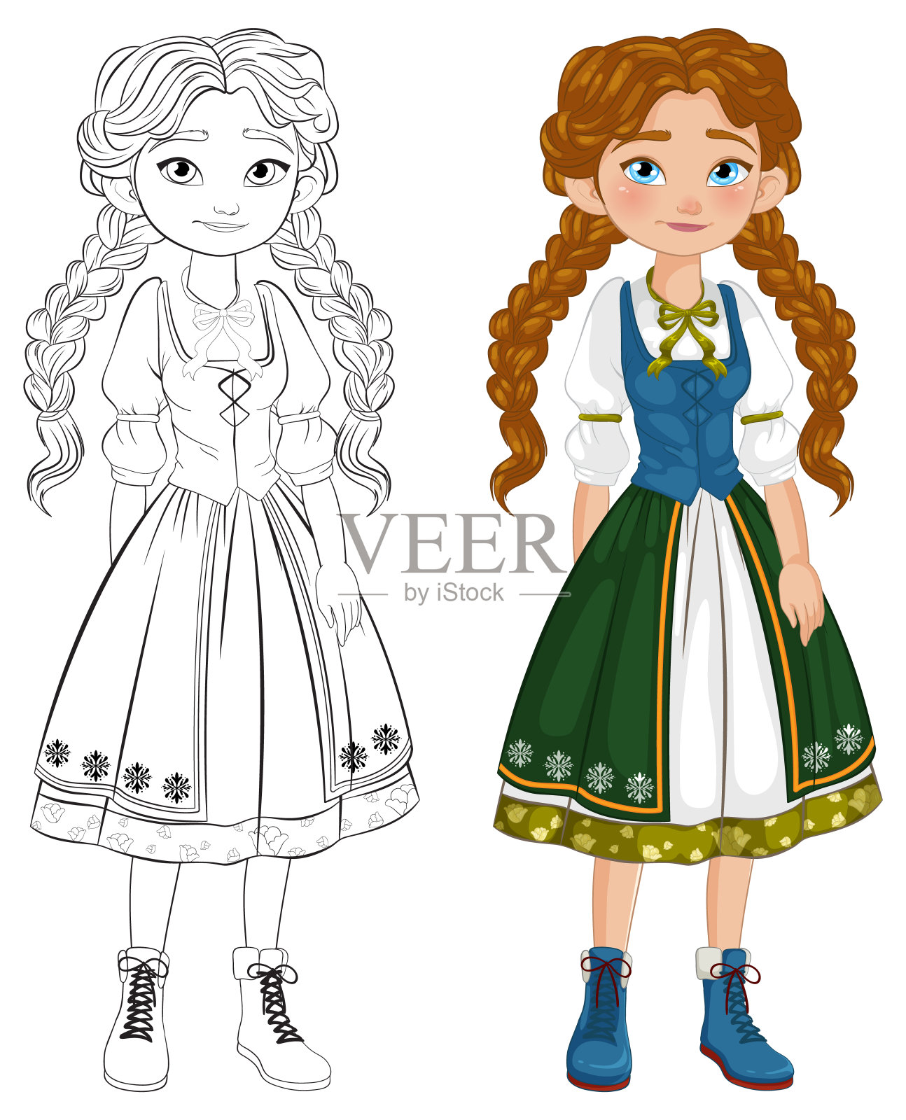 穿着传统服装扎着辫子的女孩插画图片素材