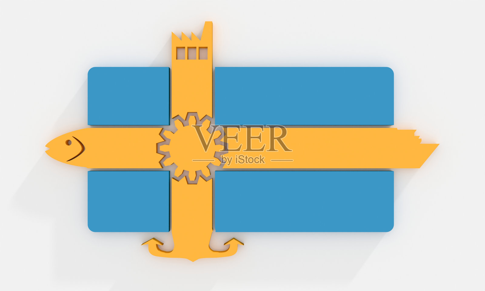 瑞典国旗和工业图标拼贴。船，鱼，工厂，锚的图标在旗条纹的末端。三维渲染照片摄影图片