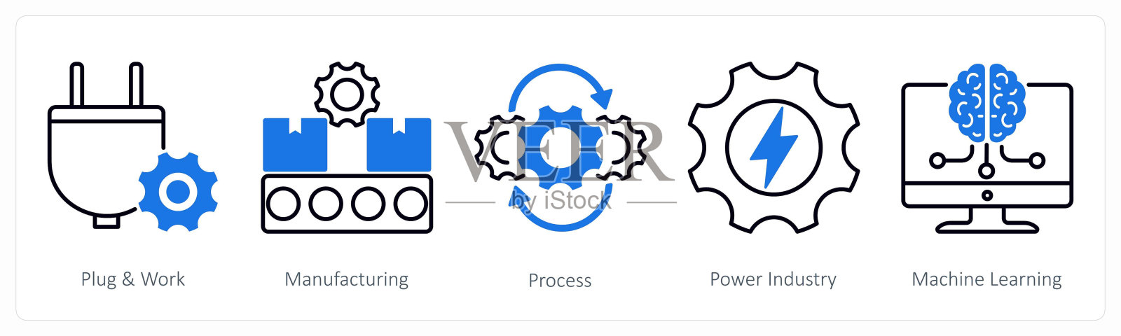 一套5个工业图标作为插头和工作，制造，过程，电力工业插画图片素材