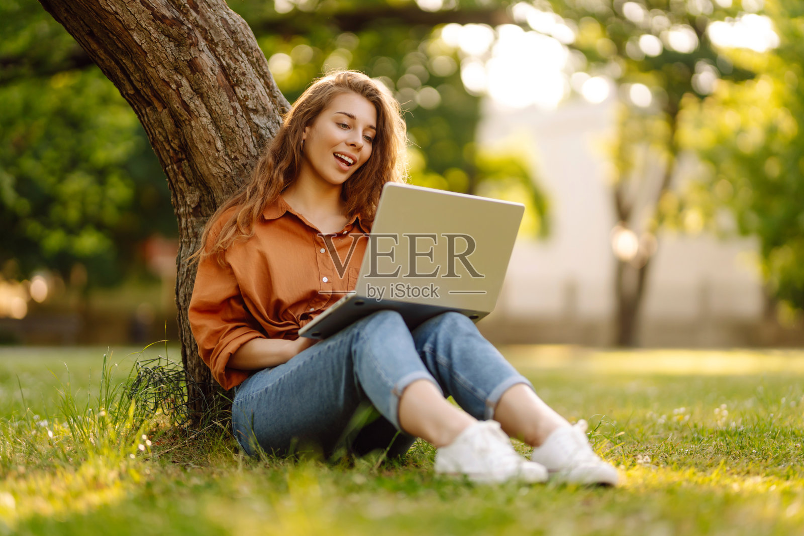 年轻的卷发女人在公园的草地上拿着笔记本电脑。照片摄影图片