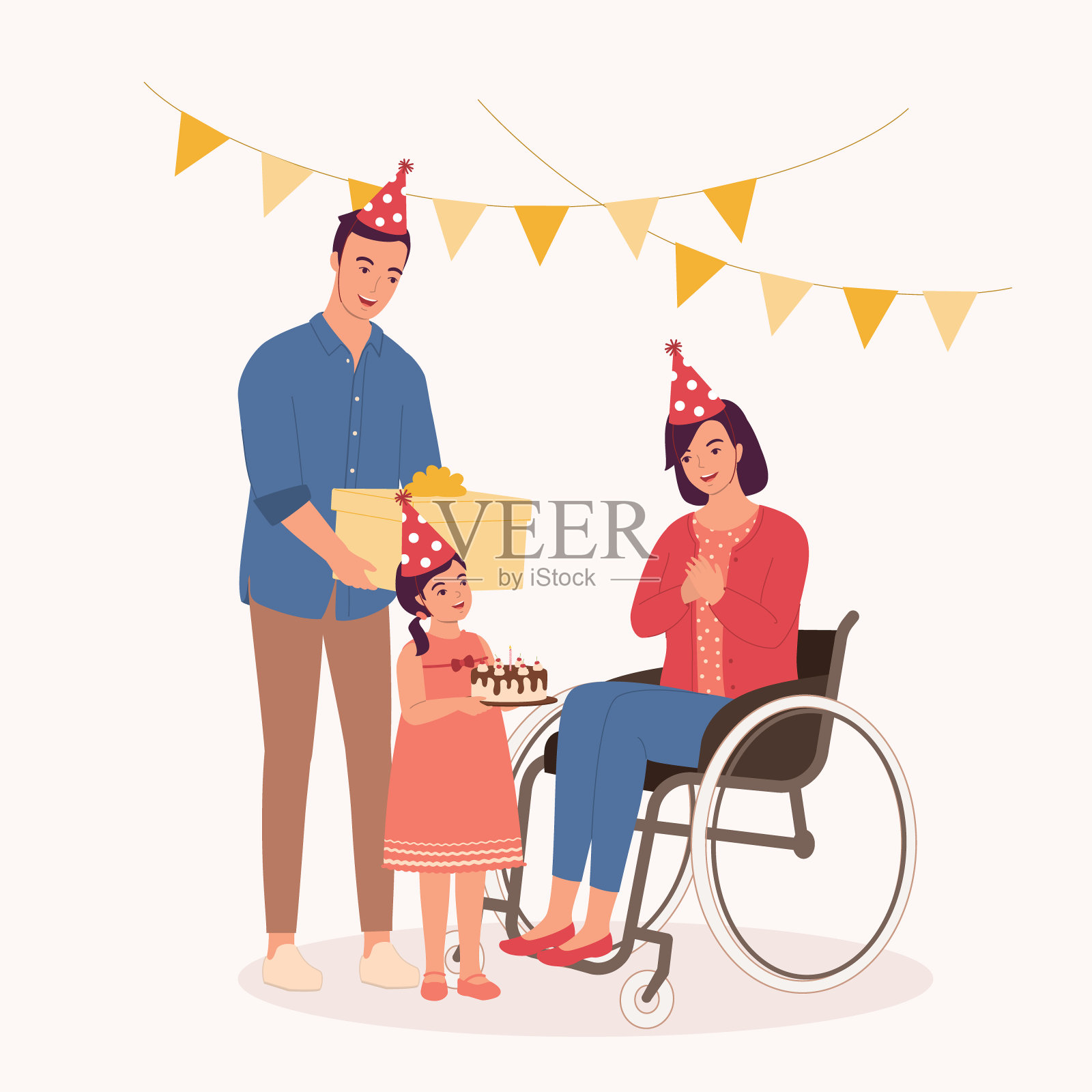 坐在轮椅上的残疾母亲与家人一起庆祝生日。插画图片素材