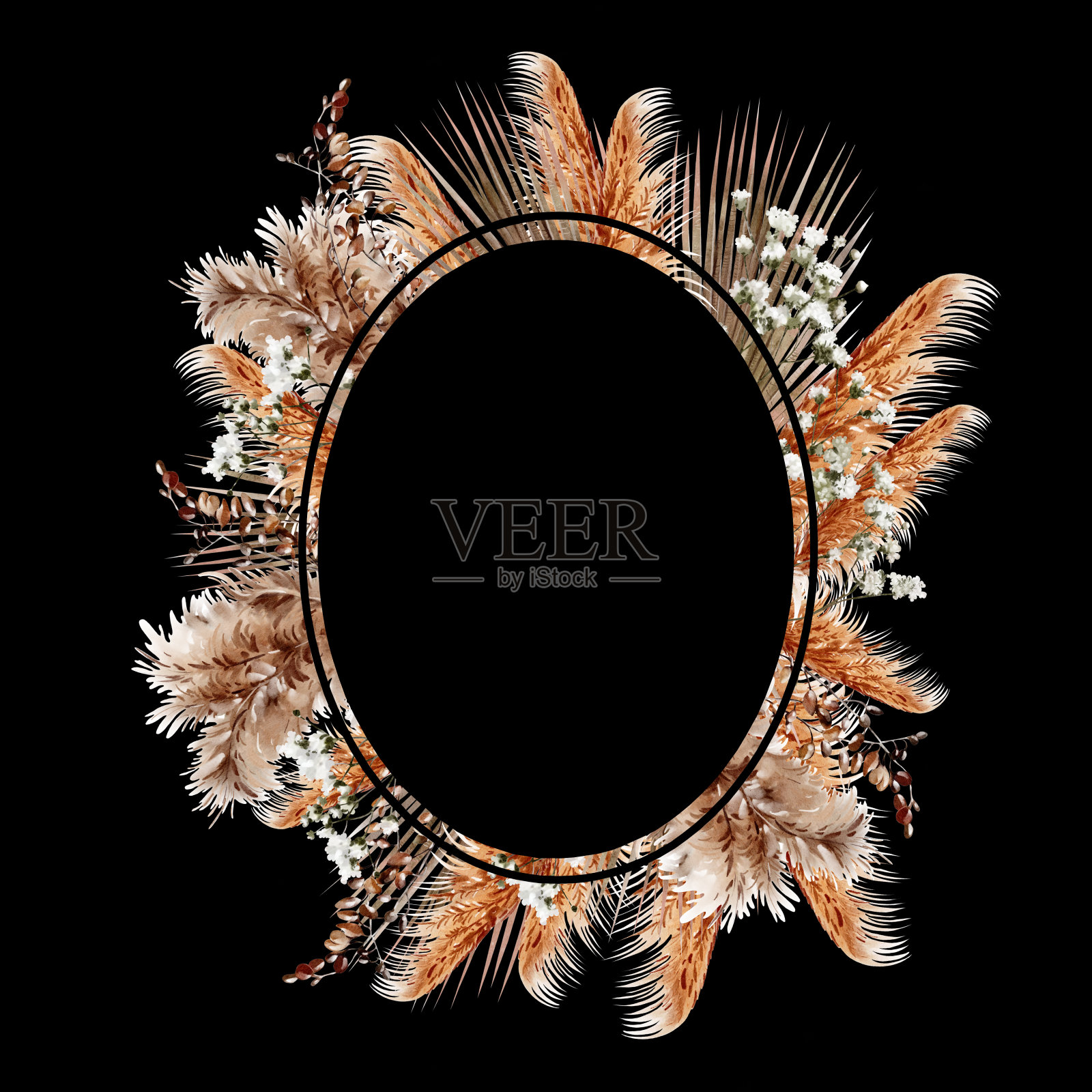 水彩花环与潘帕斯和草药。插画图片素材