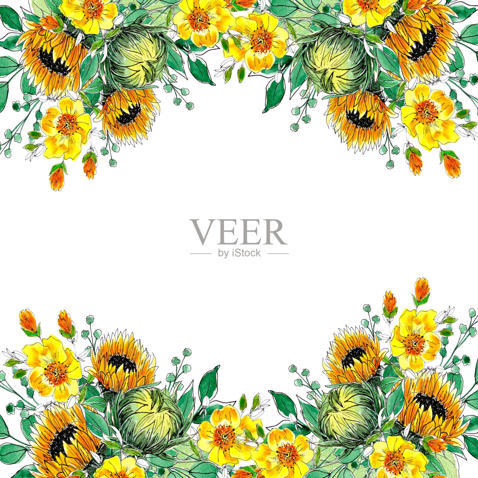 向日葵，带有绿色植物和桉树树枝的优雅花束。手绘插图在水彩风格。婚礼请柬，生日，周年纪念模板插画图片素材