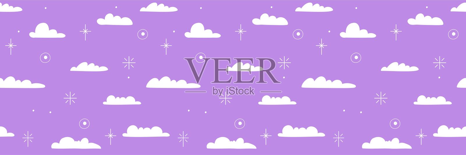 云和星星的无缝图案。天、星、平风格。手绘矢量插图。插画图片素材