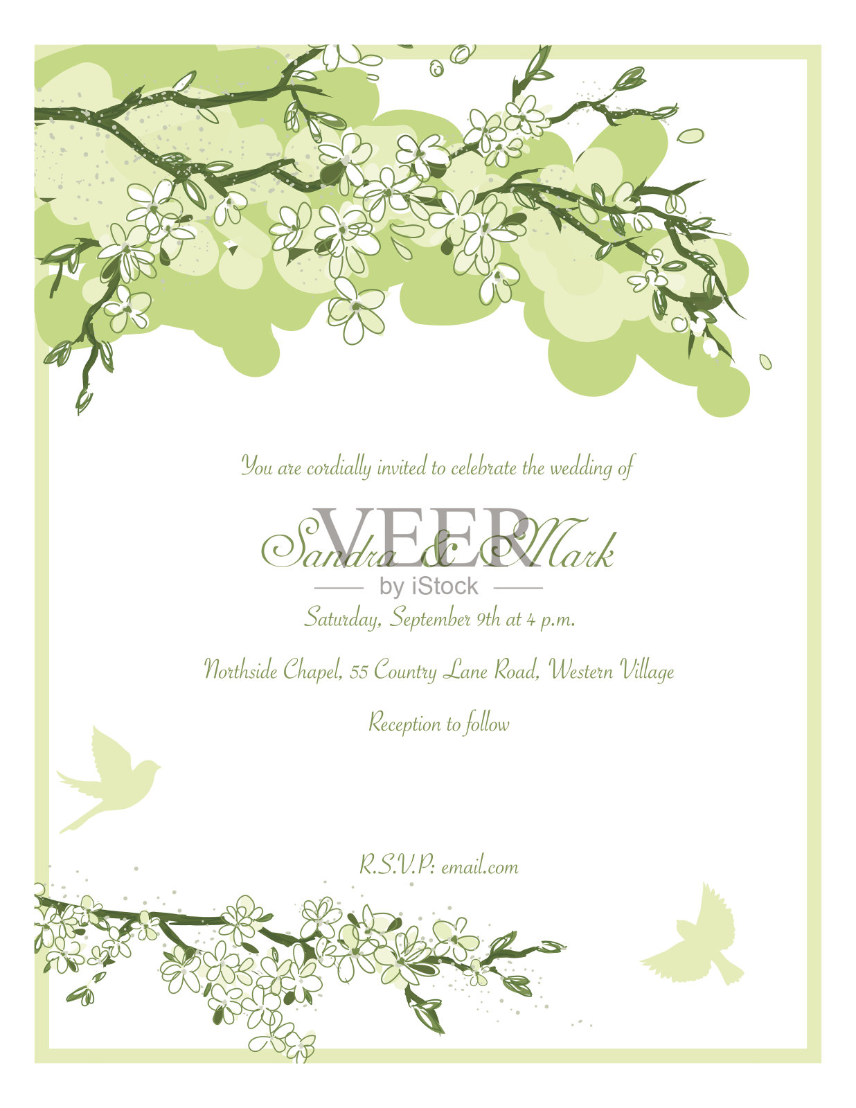 樱花和鸟风格的婚礼邀请设计模板素材