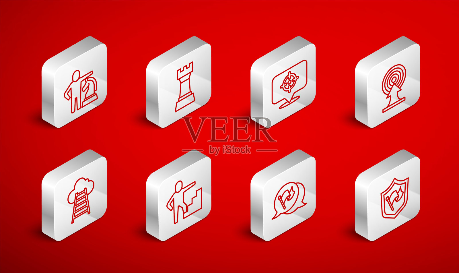 设置线盾与旗帜，国际象棋，目标，箭头，旗帜，楼梯完成和图标。向量插画图片素材