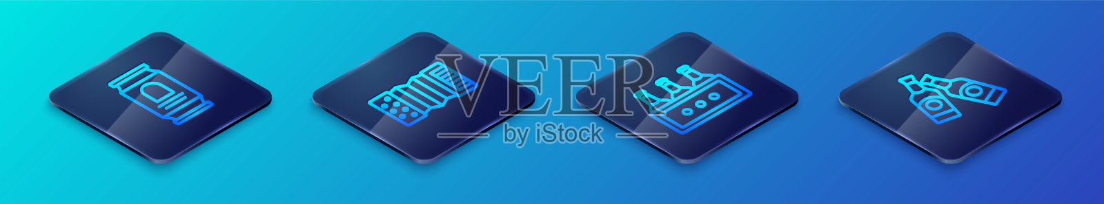 设置等距线包装的啤酒瓶，啤酒罐，和手风琴图标。向量插画图片素材