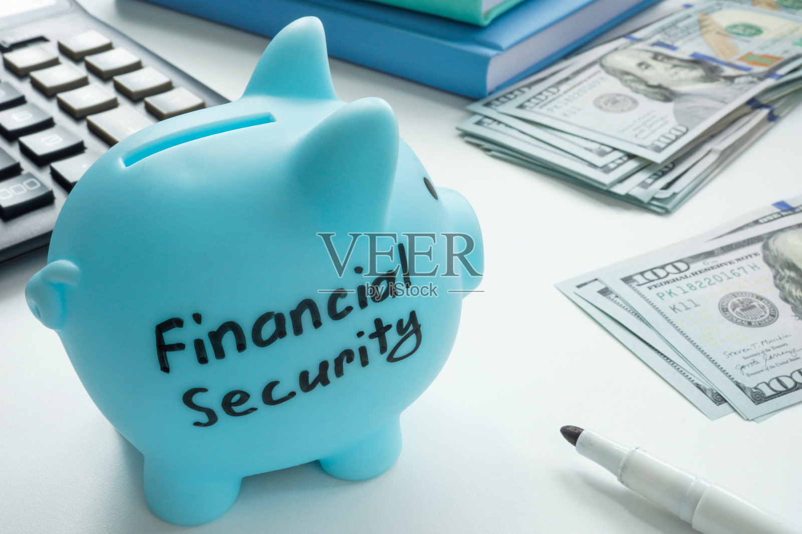 小猪储蓄罐与签名财务安全和金钱。照片摄影图片