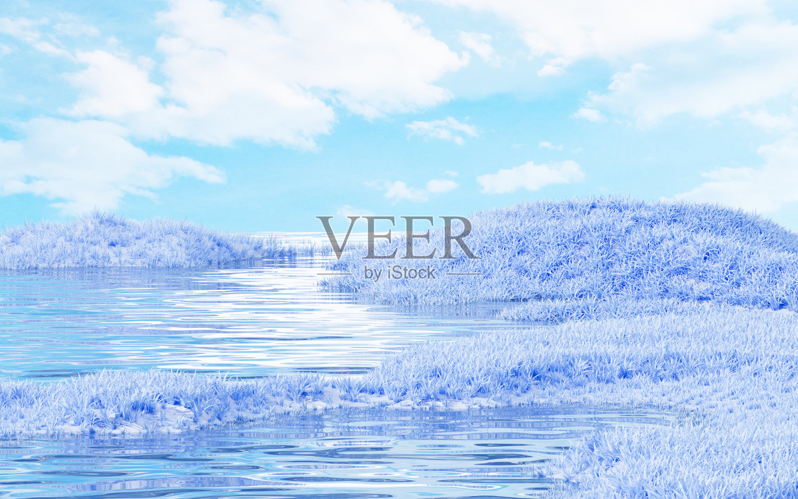 户外草地和水面产品显示背景，3d渲染。照片摄影图片