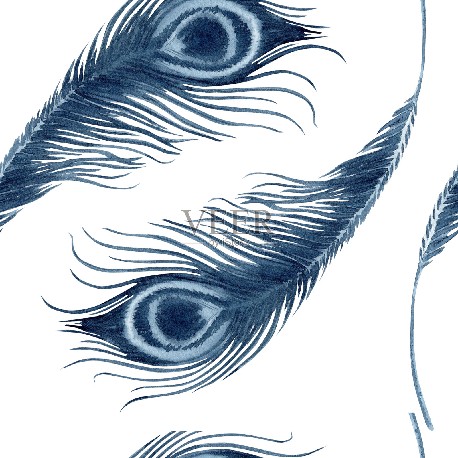 孔雀羽毛的花纹无瑕疵。无尽的纺织品和织物设计。蓝色靛蓝单色印度皇室的象征。手绘水彩插图孤立的白色背景。孔雀的尾巴插画图片素材