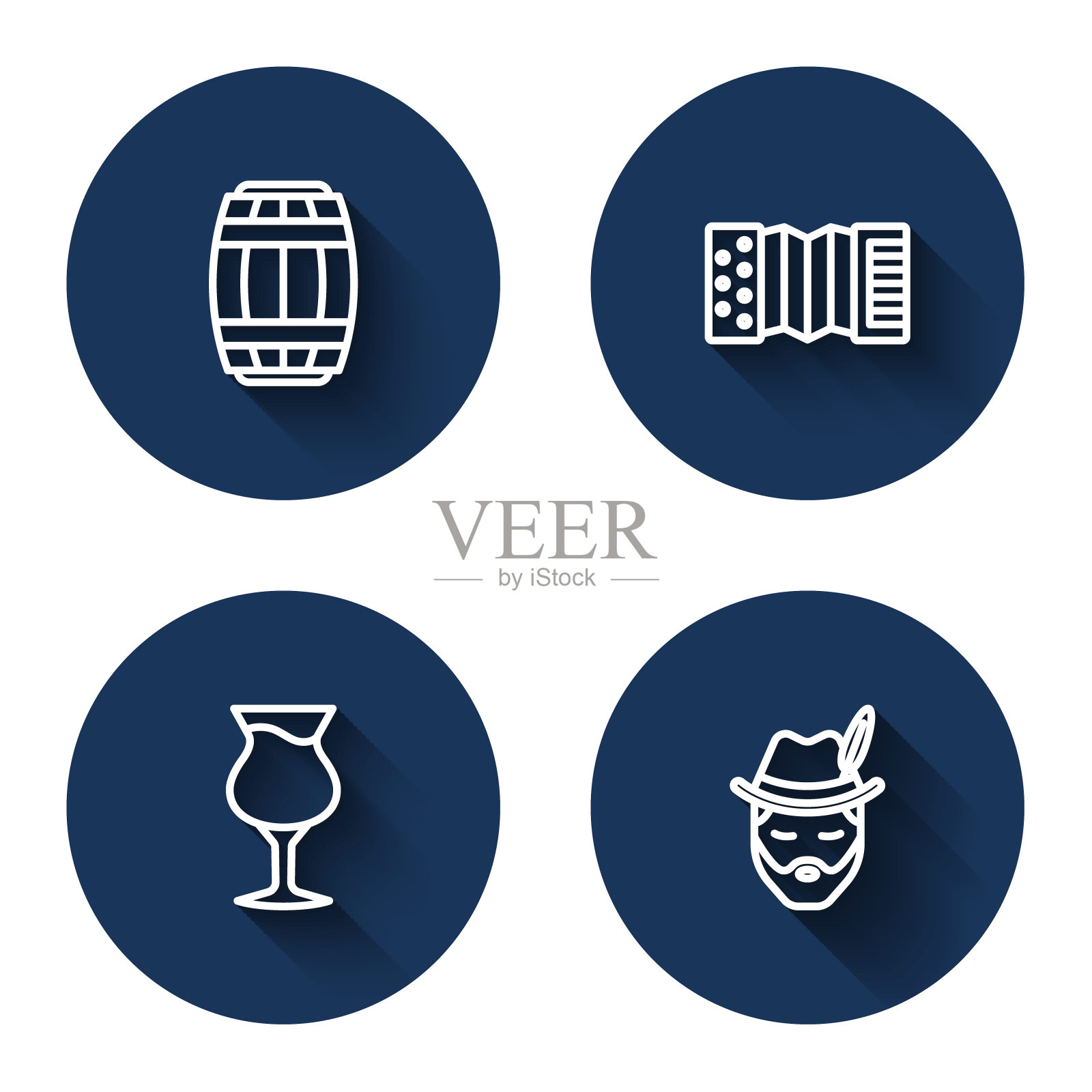 木桶，手风琴，啤酒杯和啤酒节的男人有长长的影子。蓝色圆圈按钮。向量插画图片素材