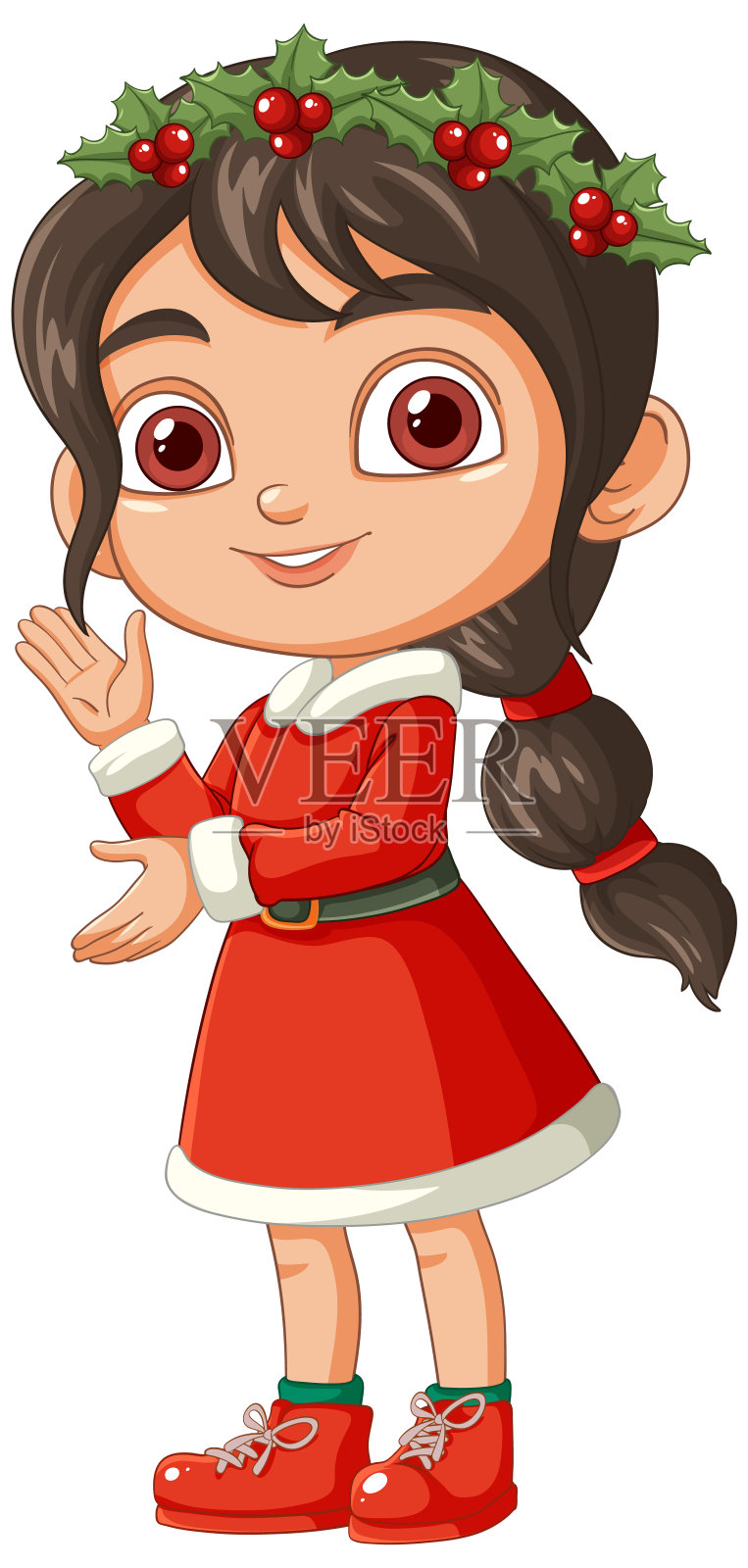 穿着红裙子戴着冬青花环的女孩插画图片素材