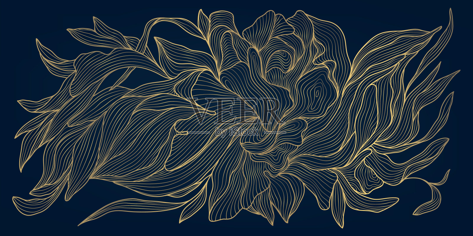 矢量金色花朵背景，奢华抽象线条树叶组成。艺术装饰的花朵点缀，优雅的夏日印花。树叶画，复古插图插画图片素材