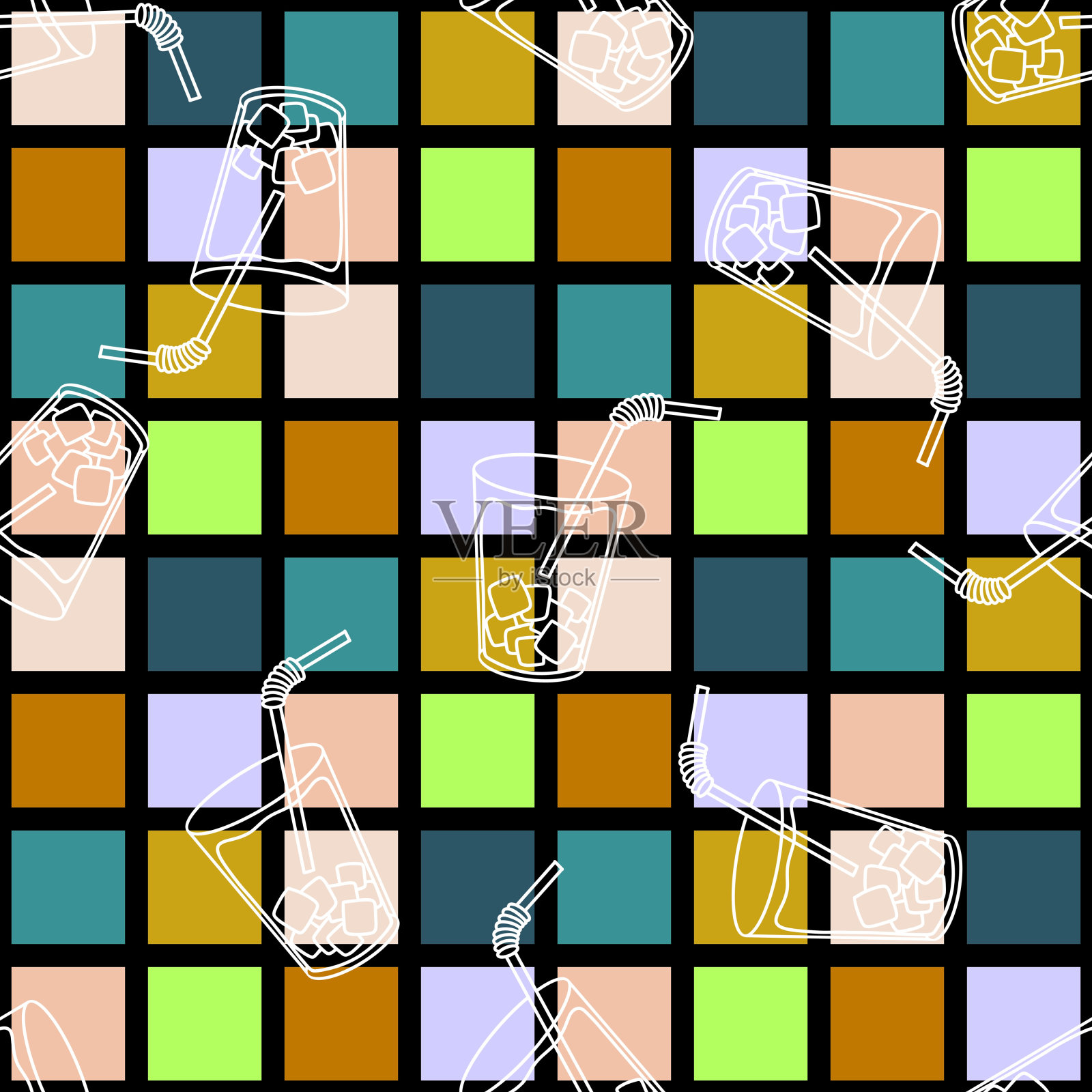 夏日畅饮无缝鸡尾酒卡通冰纹包装纸插画图片素材