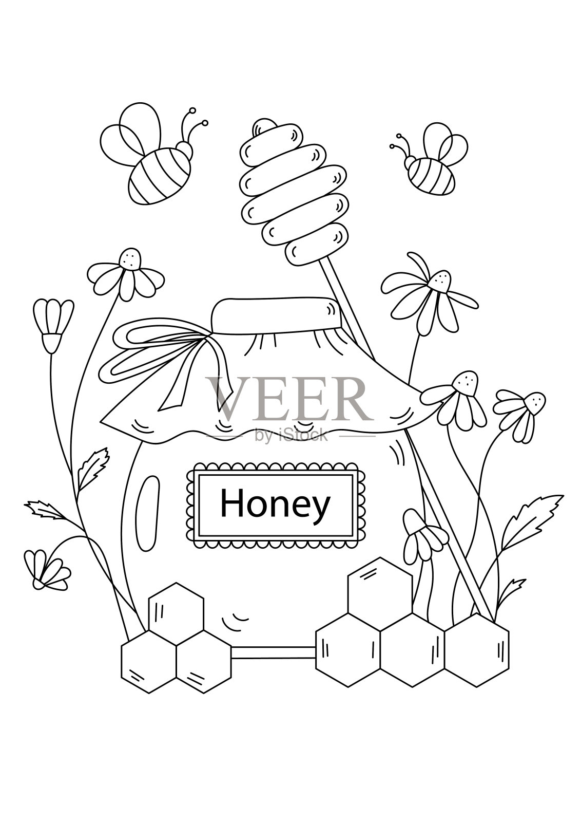 涂色页为成人和儿童特色粉笔在一个罐子与蜂窝状图案插画图片素材